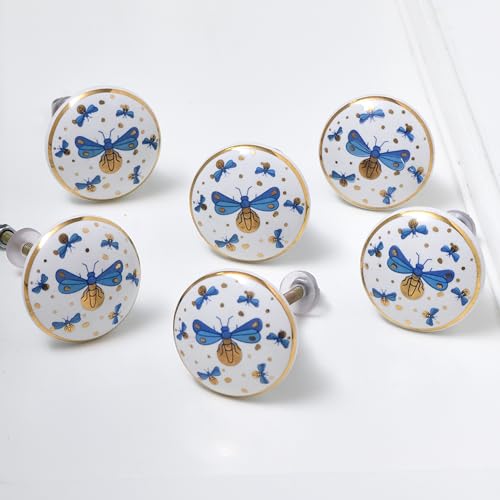 Indian Shelf 6 Pieces Stylish Drawer Knobs for Cabinet Dresser (Ceramic) - color: Gold Blue, size: 6 Knobs