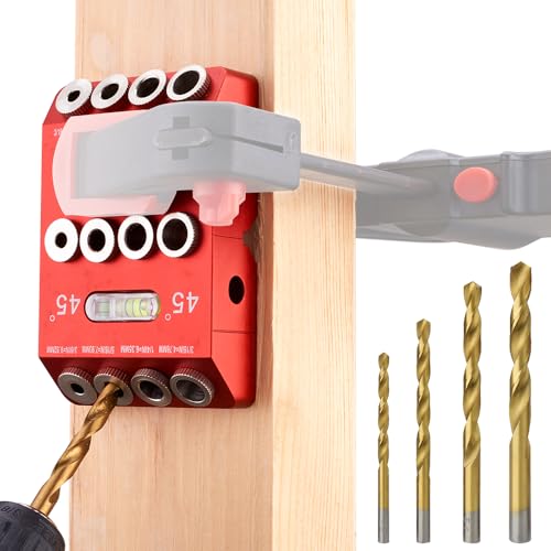 30°/45°/90° Angle Drill Guide Jig, Aluminium Alloy Straight Hole Drilling jig,table Block Attachment Tool for Cable Railing System,Wood Post,Railing Deck Woodworking with 4 drill bits