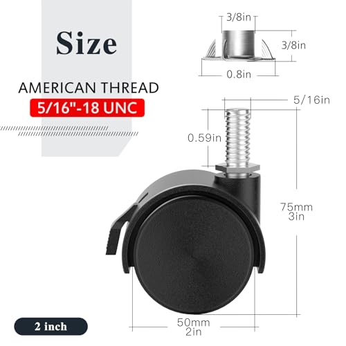 2 Inch Furniture Stem Casters Set of 4, Threaded Stem Diameter 5/16" Plastic Locking Caster Wheels, Black Swivel Small Castors with T-Nuts, for Table, Cabinet, Storage Rack - style: 2 inch with brake