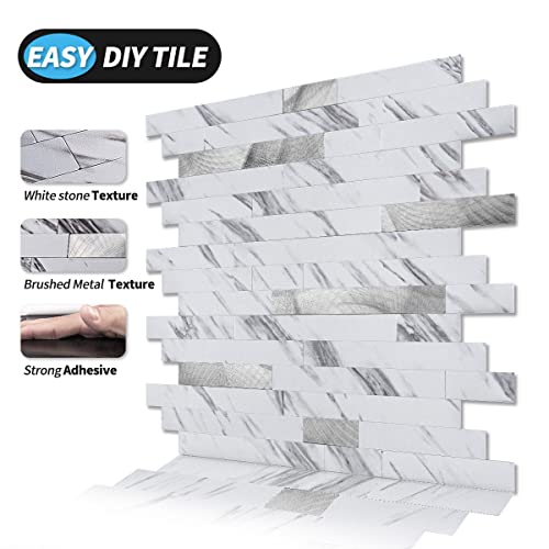 Art3d Faux Stone Peel & Stick Backsplash Tile, 10 pcs, Plain White Marble - color: White Slate with Silver Studded, size: 13.4" x 11.8"