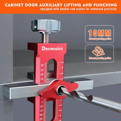 Cabinet Door Installation Jig 2-in-1, Mounting Tool with Adjustable Positioner,for Frameless Cabinets Only, Adjustable Aluminium Alloy Cabinet Hardware Jig,with 3 Drill Bits and Storage Bag