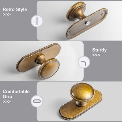 6Pack Antique Brass Cabinet Knob with Backplate Round Drawer Knob - color: Antique Brass, style: Ribbed