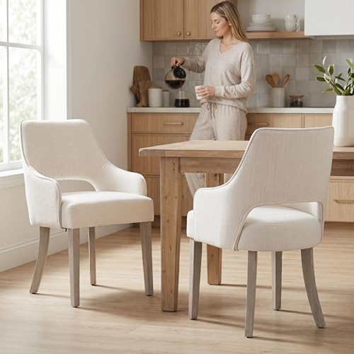 chairus Farmhouse Dining Chairs Set of 4 with Arms, Upholstered Linen Fabric Kitchen & Dining Room Chairs, Curved Open Back Chairs with Solid Wood Legs & Thick Cushion for Dining/Living Room, Cream - color: Cream
