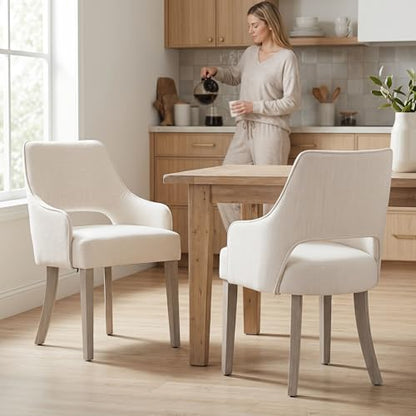 chairus Farmhouse Dining Chairs Set of 4 with Arms, Upholstered Linen Fabric Kitchen & Dining Room Chairs, Curved Open Back Chairs with Solid Wood Legs & Thick Cushion for Dining/Living Room, Cream - color: Cream