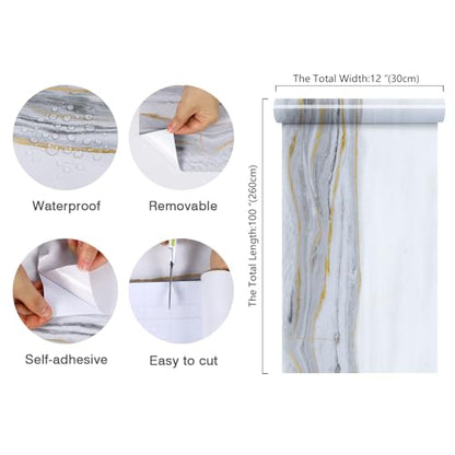 CHIHUT 12"x100" Marble Countertop Contact Paper Thick Waterproof White Marble Peel and Stick Wallpaper for Countertops Self Adhesive Removable Glossy Vinyl Film for Kitchen Cabinets Wall Covering - size: 12" x 100"