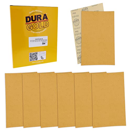 Dura-Gold Premium 5" x 2.75" Gold Sandpaper Sheets, 60 Grit (Box of 30) - style: 60 Grit