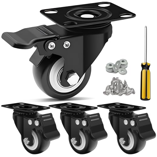 2" Black Caster Wheel Set of 4, Swivel Plate Casters with Brake - color: Black, size: 2 IN