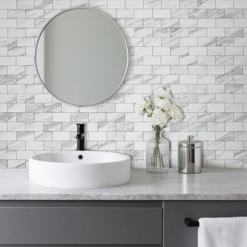 DICOFUN 1 Sheet White Stone Peel and Stick Backsplash Wall Tile, 12"x12" Thick PVC Subway Tile Backsplash for Kitchen and Bathroom - color: White Stone, size: 1 Sheet, 12"x12"x0.12"