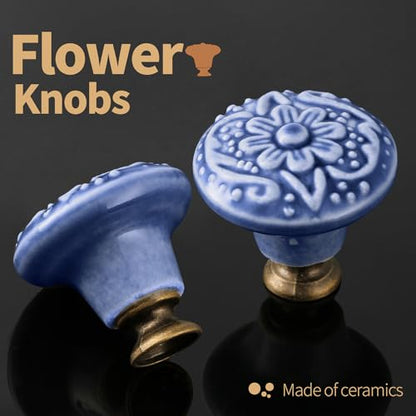 Ceramic Knobs, Embossed Floral Design - Greyish Blue, 20pcs - color: Greyish Blue