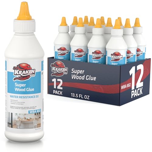 Kraken Bond D2 White Super Wood Glue - (12x13.5 fl.oz) PVA Heavy Duty Wood Glue for Repair, Woodworking, Furniture Assembly & Creative Crafts - Clear Drying Water Based Carpenter Glue - 12 Pack - size: 12 Pack, style: D2 PVA Wood Glue