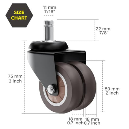 2" Dual Wheel Chair Casters Set of 5 - Heavy Duty Grey - color: Grey