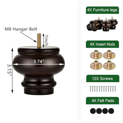 Michanco 3 Inch Mid Century Bun Feet for Furniture Set of 4 Chunky Replacement Wooden Legs for Sofa Couch Ottoman Chair Cabinet - color: 8cm Espresso
