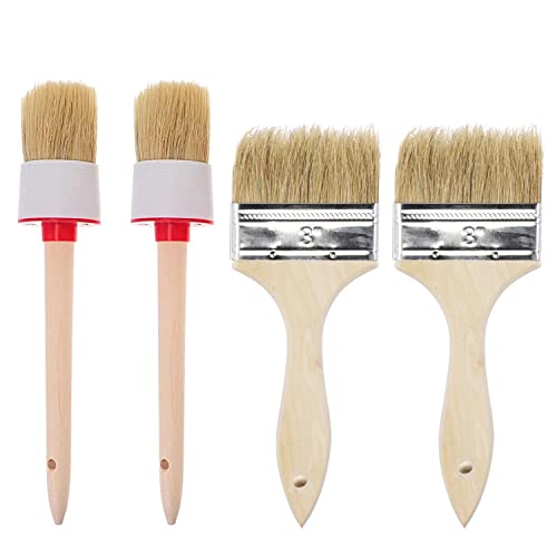 Chalk and Wax Paint Brush Set, Natural Bristle Wood Handle Round and Flat Edge Paint Brushes Multi-use Wax for Furniture Refurbished Cabinets Chairs DIY Home Decor Painting Waxing or Clean(4PACK)