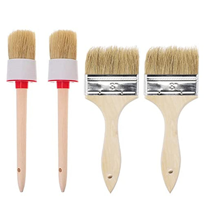 Chalk and Wax Paint Brush Set, Natural Bristle Wood Handle Round and Flat Edge Paint Brushes Multi-use Wax for Furniture Refurbished Cabinets Chairs DIY Home Decor Painting Waxing or Clean(4PACK)