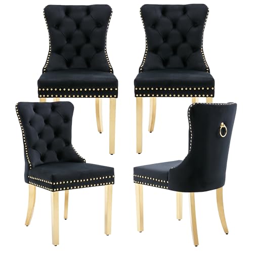 Black Velvet Dining Chairs Set of 4, Elegant Tufted & Nailhead, Gold Legs - color: Black, Golden Steel Leg, size: set of 4