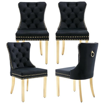 Black Velvet Dining Chairs Set of 4, Elegant Tufted & Nailhead, Gold Legs - color: Black, Golden Steel Leg, size: set of 4