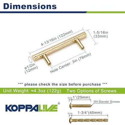6-Pack Solid Brass Kitchen Cabinet Pulls, Gold Modern T-Bar Handles, 3-Inch Hole Center Hammered Handles for Dresser Drawer Cupboard, 4-13/16 Inch Total Length, Polished Finish - size: 3 Inch(76mm) Hole Centers