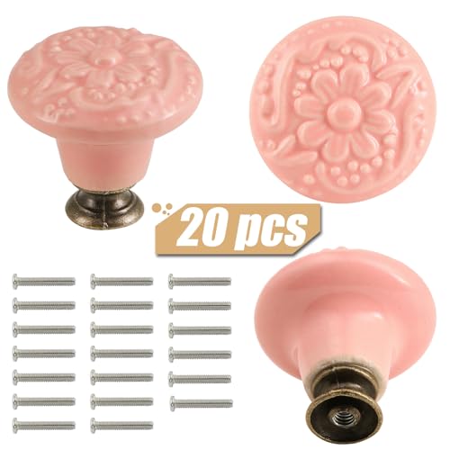 Ceramic Cabinet Knobs, Embossed Floral Design - Pink, 20pcs - color: Pink