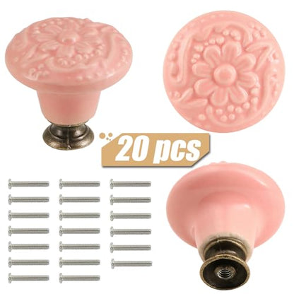 Ceramic Cabinet Knobs, Embossed Floral Design - Pink, 20pcs - color: Pink