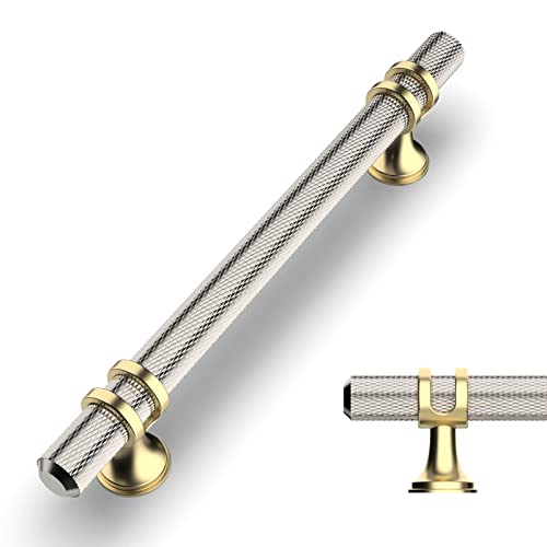 Amerdeco 10 Pack Knurled Brushed Satin Nickel Cabinet Pulls 5 Inch Hole Center Kitchen Cabinet Handles for Drawer Dresser, Cupboard and Wardrobe ZH0025… - color: Nickel+gold, size: 5"/128MM Hole Center, style: 10 Pack