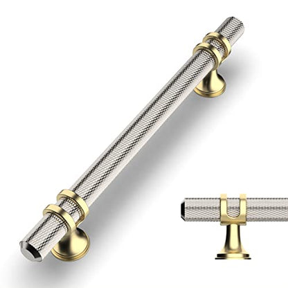 Amerdeco 10 Pack Knurled Brushed Satin Nickel Cabinet Pulls 5 Inch Hole Center Kitchen Cabinet Handles for Drawer Dresser, Cupboard and Wardrobe ZH0025… - color: Nickel+gold, size: 5"/128MM Hole Center, style: 10 Pack
