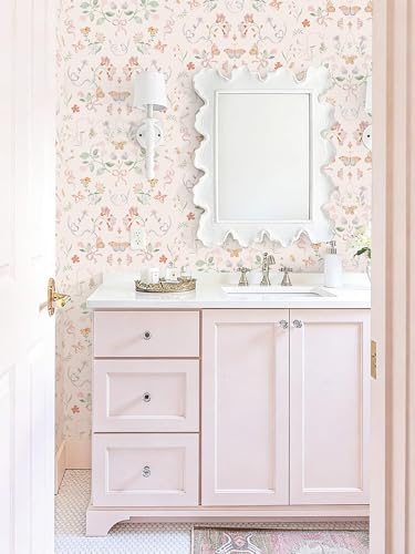 Peel and Stick Wallpaper for Nursery Pink Cute Bow Leaf Waterproof - color: Pink, size: 17.3" x 196"