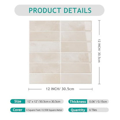 VEELIKE Beige Peel and Stick Backsplash Rectangular Subway Back Splash Stick on Tiles for Kitchen 6 Sheet 12''x12'' Self Adhesive Renter Friendly Backsplash Wall Tile Stickers for Bathroom Powder Room - size: Box of 6 Tiles