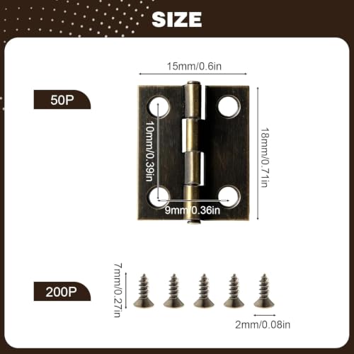 50 Pcs Mini Bronze Hinges Set for Wooden & Jewelry Box, 18 x 15 mm - color: Brown, size: 50pcs(18*15mm)