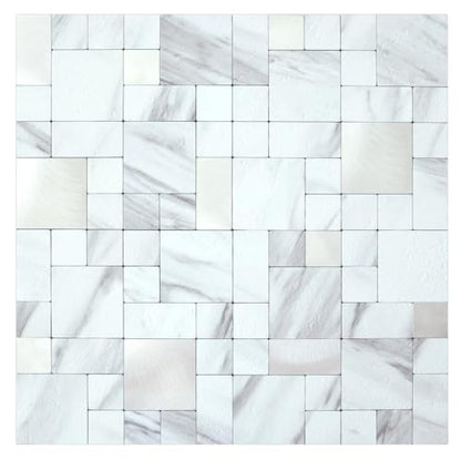 DICOFUN 1 Sheet White Marble Look Peel and Stick Tile Backsplash, Mixed Metal Silver Chips Kitchen and Bathroom Tiles, Stick on Backsplash for Stove - color: White Marble and Metal Silver, size: 1 Sheet, 12"x12"x0.12"