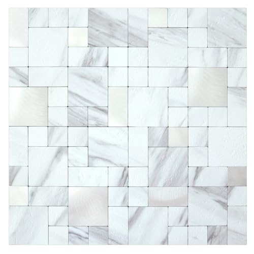DICOFUN 1 Sheet White Marble Look Peel and Stick Tile Backsplash, Mixed Metal Silver Chips Kitchen and Bathroom Tiles, Stick on Backsplash for Stove - color: White Marble and Metal Silver, size: 1 Sheet, 12"x12"x0.12"