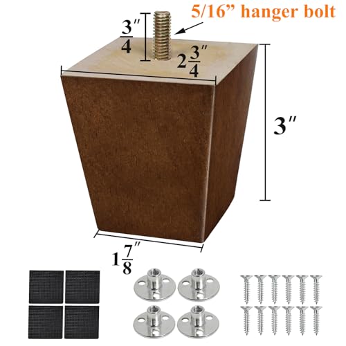 Wood Furniture Legs 3 inch Sofa Legs Pack of 4 Square Couch Legs Brown Mid-Century Modern Replacement Legs for Armchair Recliner Coffee Table Dresser - size: 3 inch (4pcs) Standard (With hanger bolt)