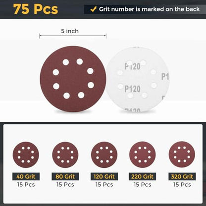 HARFINGTON 75Pcs 5Inch Sanding Disc 8 Hole Hook and Loop Sandpaper Red - size: 5 Inch(40/80/120/220/320 Grit)
