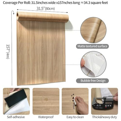 Light Wood Wallpaper Peeland Stick Wooden Contact Paper for Countertops - color: Light Brown, size: 31.5" x 157"
