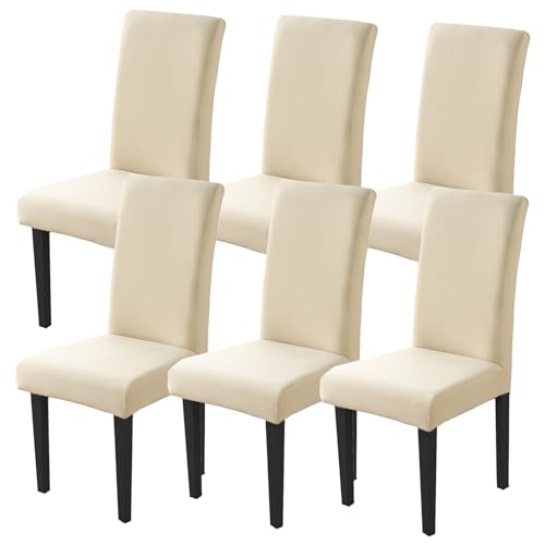 Dining Chair Covers Set of 6, Stretch Spandex Chair Slipcover, Beige Chair Slipcovers, Washable Anti-Dust Chair Seat Cover for Kitchen Dining Room, Wedding Party - color: Beige, size: 6Pcs