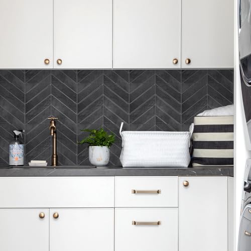 STICKGOO Herringbone Peel and Stick Backsplash, Shiny Black, 10 Sheets - color: Shiny Black With Dark Grey Grout, size: Pack of 10