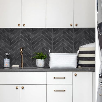 STICKGOO Herringbone Peel and Stick Backsplash, Shiny Black, 10 Sheets - color: Shiny Black With Dark Grey Grout, size: Pack of 10
