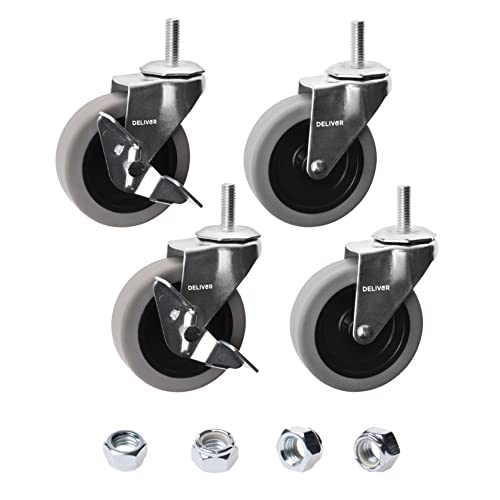 DELIVeR 3 Inch, Locking Swivel Caster Wheels, Set of 4, Heavy Duty with Nylon Nuts for Carts, Replacement Rubber Wheels, Threaded Stem 3/8”-16 x 1”, 130 Lbs Per Caster
