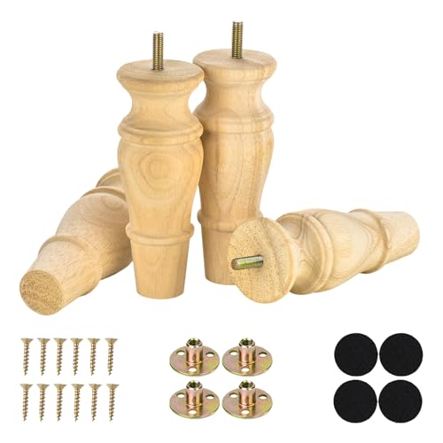 6 inch Wood Furniture Feet Set of 4, Unfinished Replacement Legs for Chair, Ottoman, Cabinet,Dresser,Mid Century Modern Legs Predrilled M8 Bolt Screw in - color: 6 Inch Unfinished