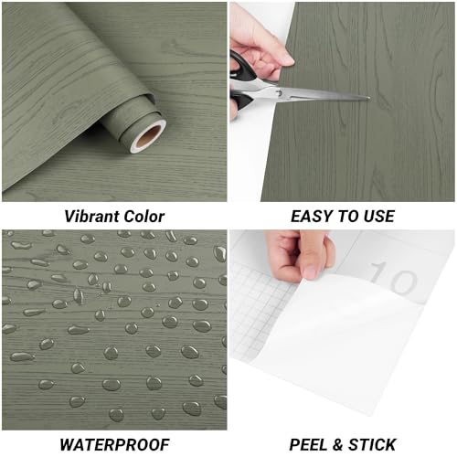 Decotalk Green Wood Contact Paper Peel and Stick Wooden Countertop Wood Contact-Paper 17.7x200 Inch Wood-Look Contact Paper Woods Wallpaper Green Wood Vinyl Wrap Wood-Grain Contact-Paper Woods - size: 17.7" x 200"
