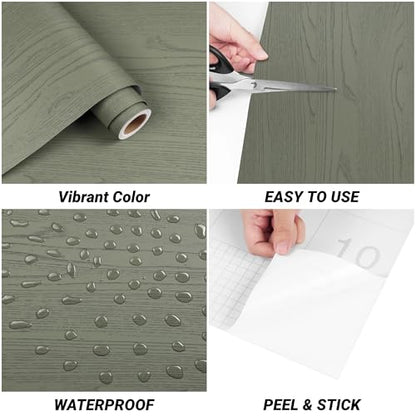 Decotalk Green Wood Contact Paper Peel and Stick Wooden Countertop Wood Contact-Paper 17.7x200 Inch Wood-Look Contact Paper Woods Wallpaper Green Wood Vinyl Wrap Wood-Grain Contact-Paper Woods - size: 17.7" x 200"