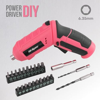 Hi-Spec 4V USB Electric Screwdriver Tool Kit for Home Repairs, Pink