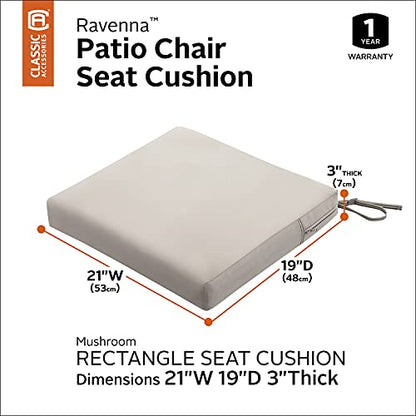 Classic Accessories Ravenna Water-Resistant 21 x 19 x 3 Inch Patio Seat Cushion, Mushroom - color: Mushroom, size: 21"W x 19"D x 3"Thick
