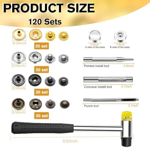 NXTOV Metal Snap Buttons with Hammer, Setter Tools, 120 Sets, 15 mm - style: 15mm with Hammer