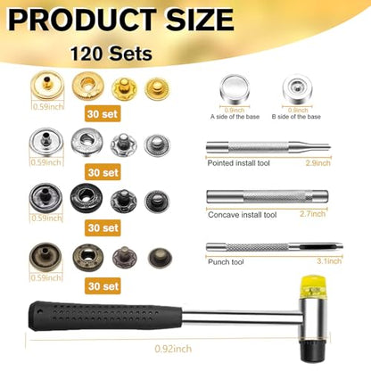 NXTOV Metal Snap Buttons with Hammer, Setter Tools, 120 Sets, 15 mm - style: 15mm with Hammer