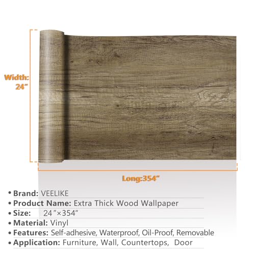 VEELIKE Distressed Wood Contact Paper Peel and Stick Thick Wood Grain Contact Paper for Countertops Table Furniture 24''x354'' Removable Self Adhesive Counter Top Covers Woods Wallpaper for Cabinets - size: 24''x354''