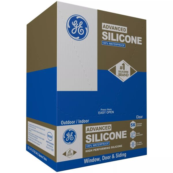 GE Advanced Silicone Caulk for Window & Door, Clear, 2.8 fl oz Tube, 12 Pack - 100% Waterproof Silicone Sealant, 5X Stronger Adhesion, Freeze & Sun Proof - size: Pack of 12, style: Clear