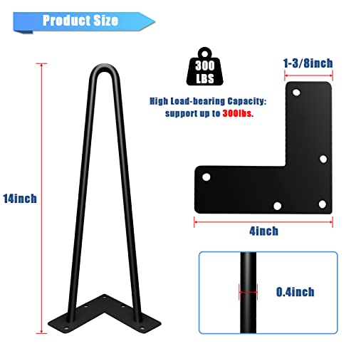 Hairpin Legs 14", Black Metal Furniture Legs for Table Bench, Set of 4 - size: 14inch