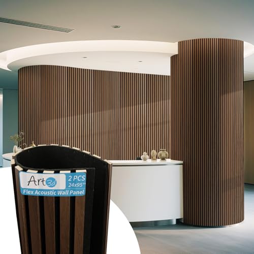 Art3d Roll-Flat Design Tile Acoustic Wood Slat Wall Panels, 2-Pack, Walnut - color: Walnut, size: 2-Pack - 95.3 x 23.8 Inch