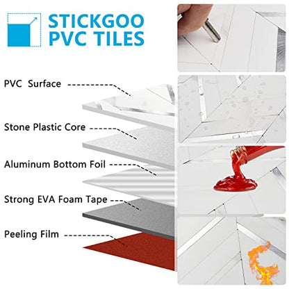 STICKGOO Herringbone Tile Peel and Stick Backsplash for Kitchen&Bathroom - color: White Marble Mixed Silver