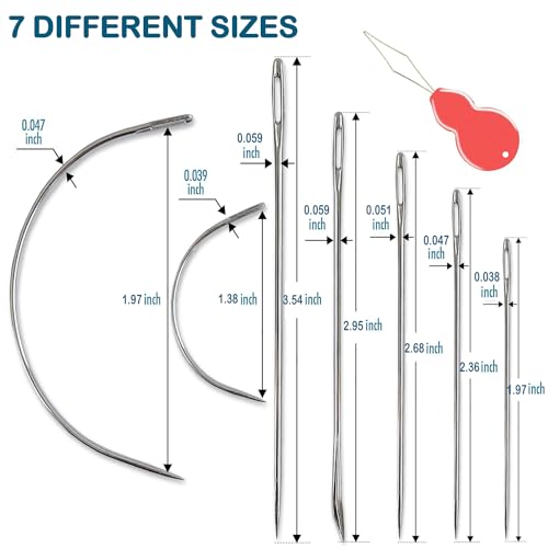 Pikdmin 7+1 Pcs Heavy Duty Hand Sewing Needles Kit, 5 Leather Hand Sewing Needle 2 Curved Needle and 1 pcs Needle threaders for Home Upholstery,Leather Needles for Hand Sewing,Carpet Canvas Repair - size: 8PCS&7SIZE